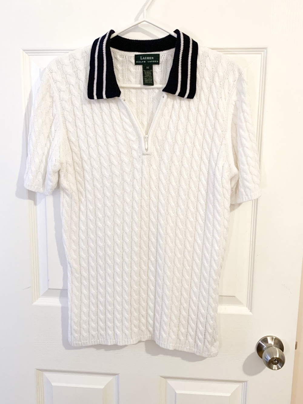 Lauren Ralph Lauren White Cable-Knit Polo with Navy Striped Collar - size M